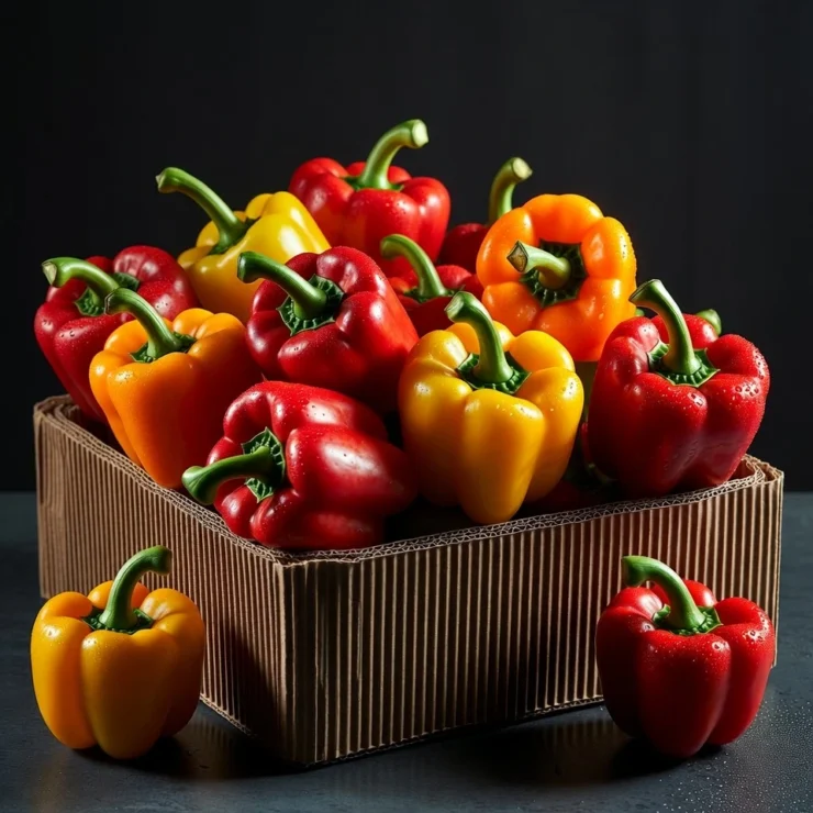 Bulk colored bell peppers from Egypt — Red, Yellow, and Orange Capsicum ready for export in 5kg cartons.