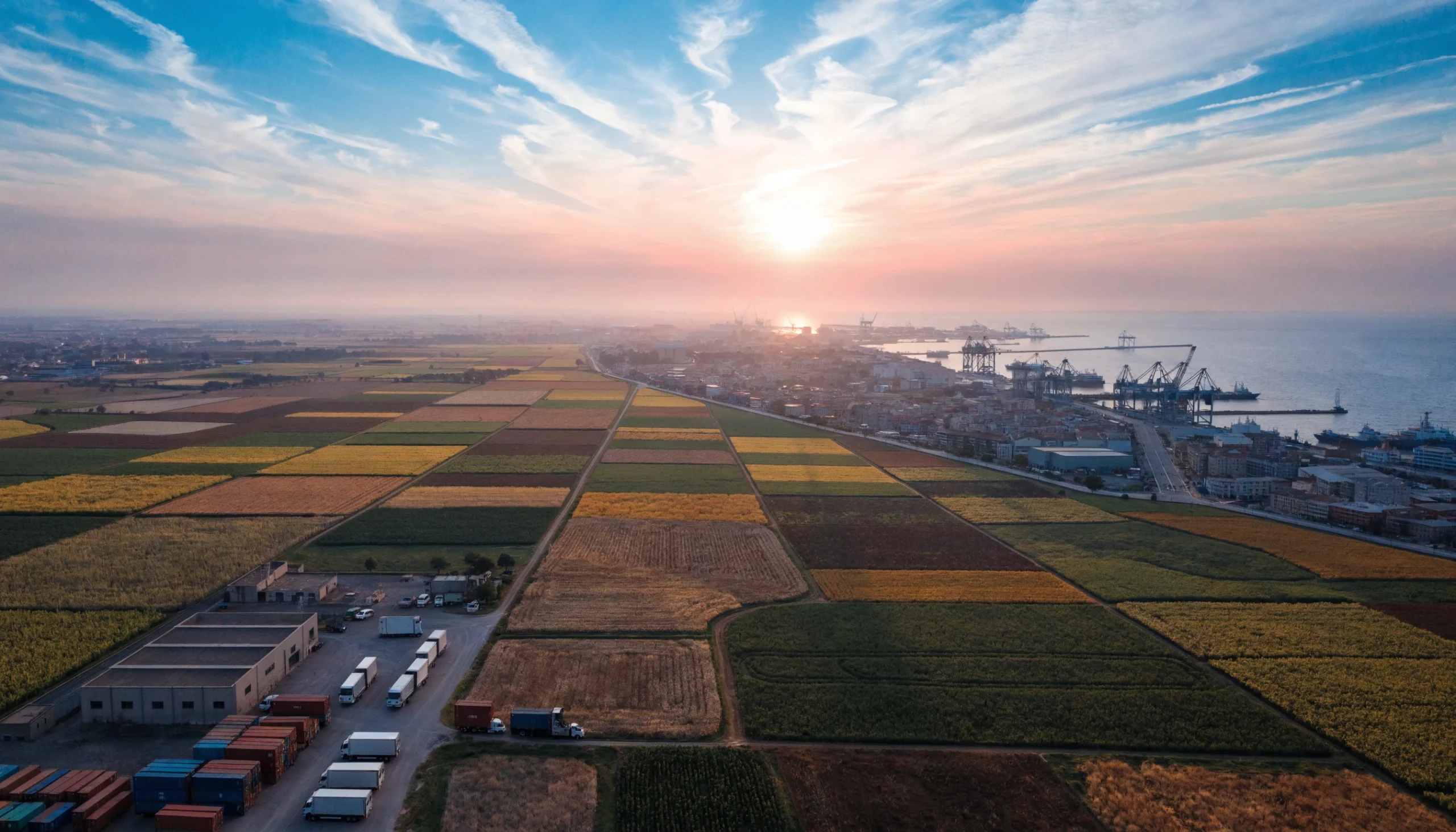 Egyptian agricultural fields connected to export logistics and shipping infrastructure, How to Source Fresh Produce from Egypt: A Complete Import Guide for European Buyers