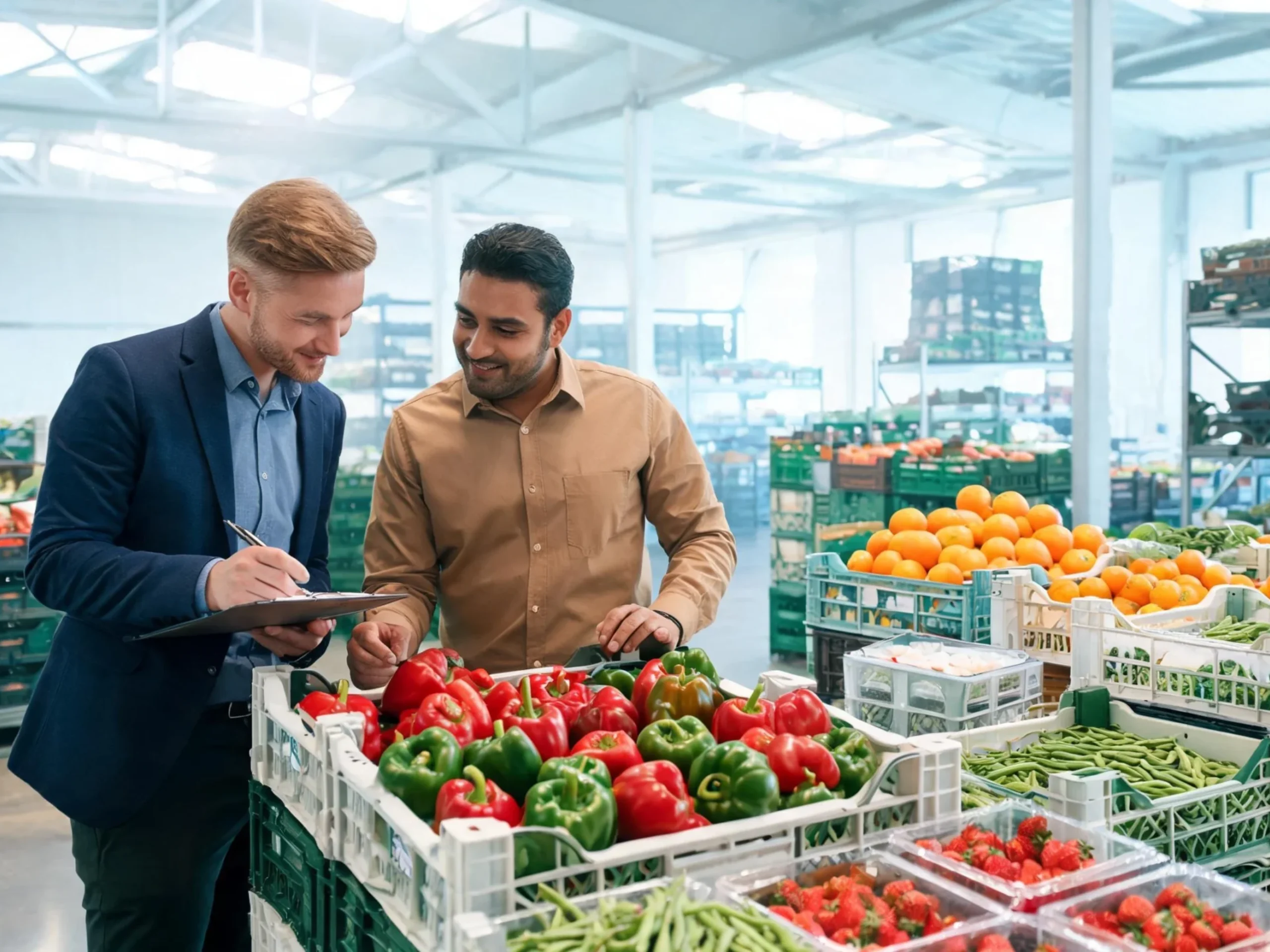 European buyer inspecting Egyptian fresh produce with export manager