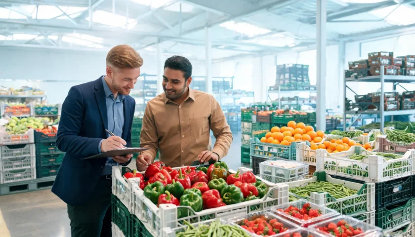 European buyer inspecting Egyptian fresh produce with export manager