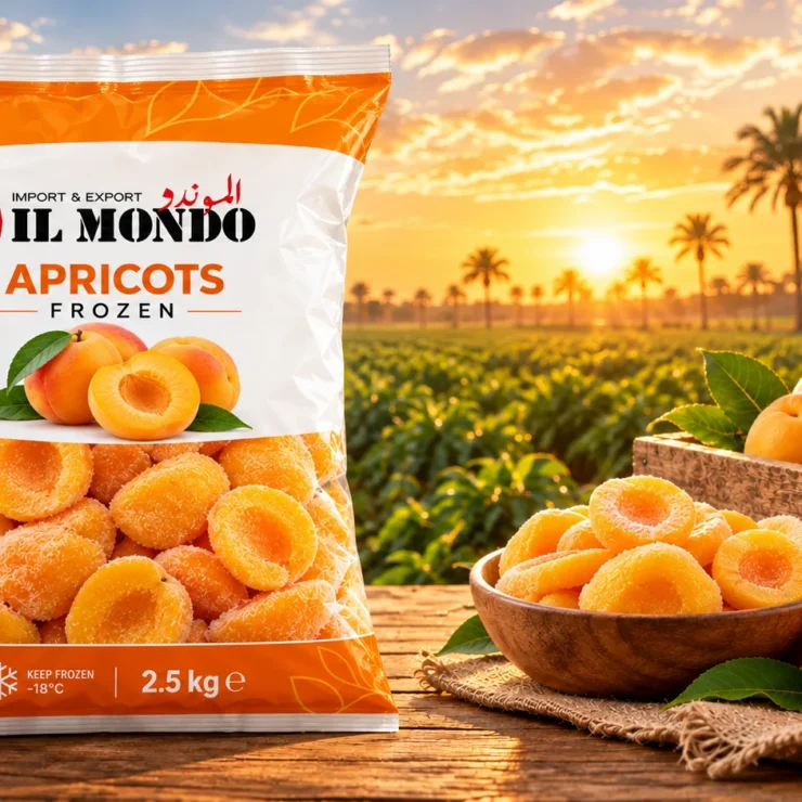 IL MONDO frozen apricot pouch with produce on a wooden table
