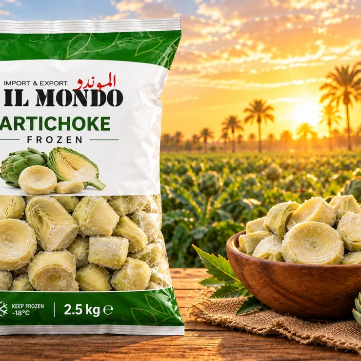 IL MONDO frozen artichoke pouch with produce on a wooden table