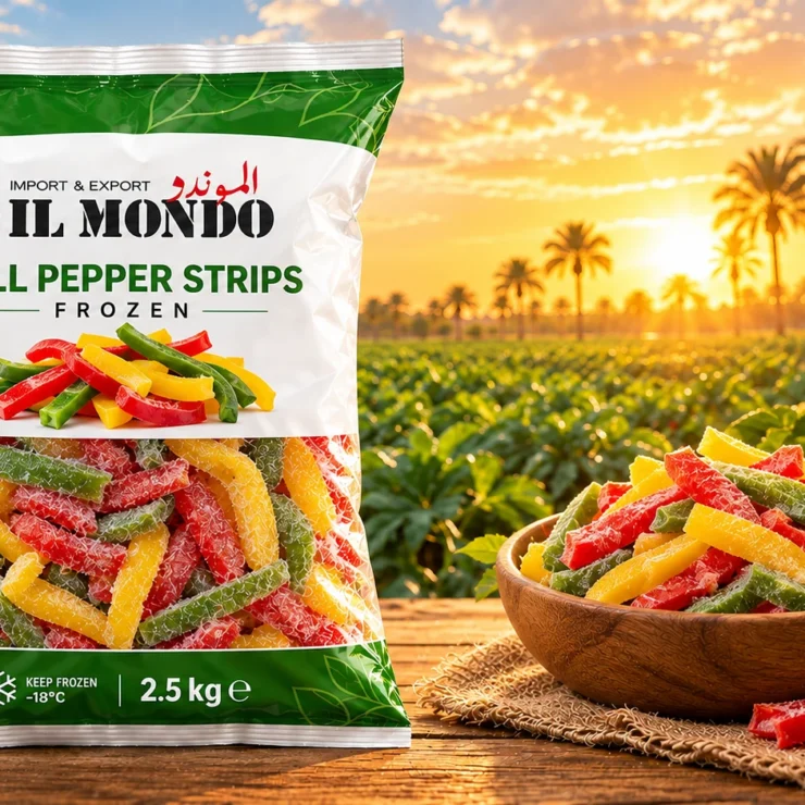 IL MONDO frozen bell pepper strips pouch with produce on a wooden table