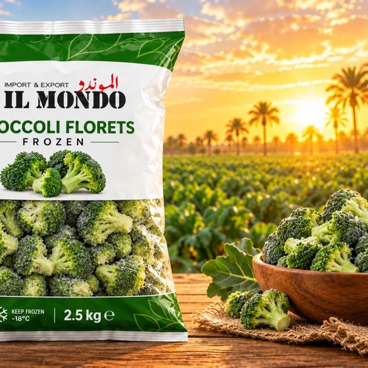 IL MONDO frozen broccoli pouch with produce on a wooden table