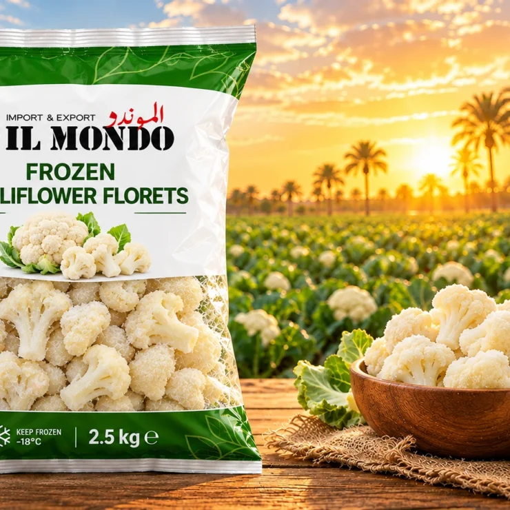 IL MONDO frozen cauliflower pouch with produce on a wooden table
