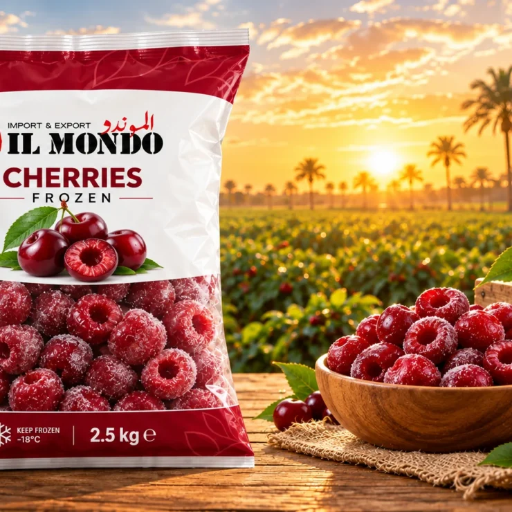 IL MONDO frozen cherry pouch with produce on a wooden table