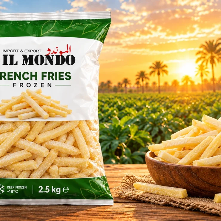 IL MONDO frozen french fries pouch with produce on a wooden table