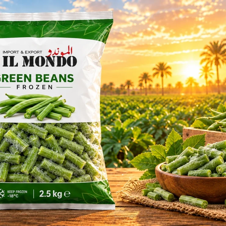 IL MONDO frozen green beans pouch with produce on a wooden table