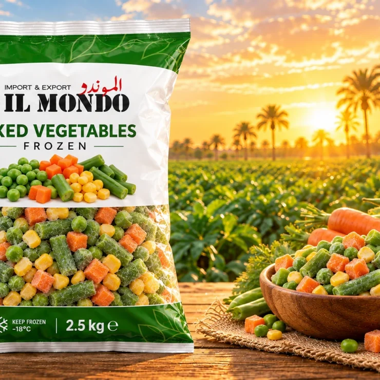 IL MONDO frozen mixed vegetables pouch with produce on a wooden table
