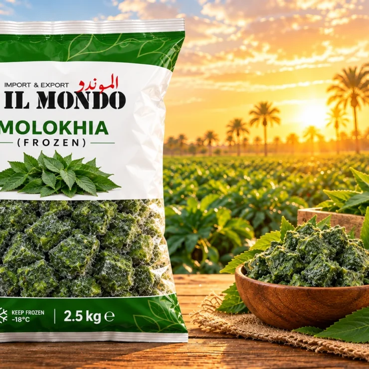 IL MONDO frozen molokhia pouch with produce on a wooden table