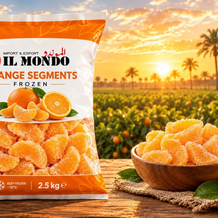 IL MONDO frozen orange segments pouch with produce on a wooden table