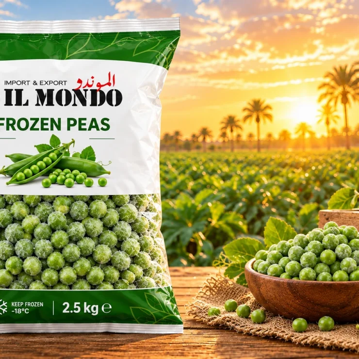 IL MONDO frozen peas pouch with produce on a wooden table