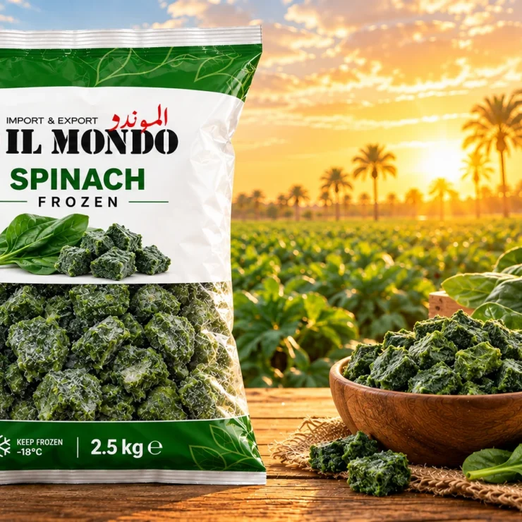 IL MONDO frozen spinach pouch with produce on a wooden table