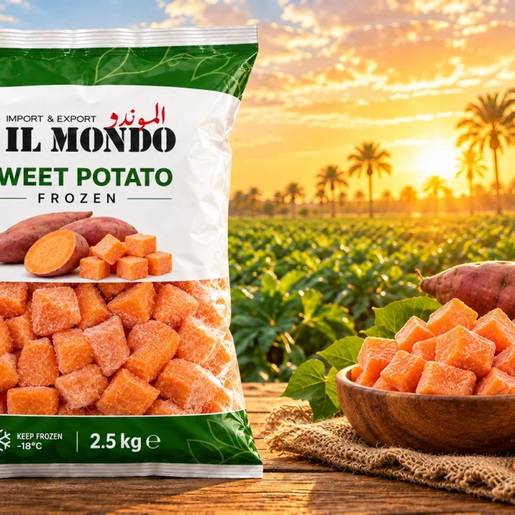 IL MONDO frozen sweet potato pouch with produce on a wooden table
